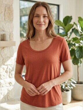 NWT Quince Modal Cotton Blend Scoop Neck T Shirt Basic Classic Burnt Orange